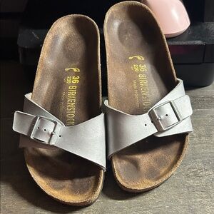 Birkenstock Madrid single-strap slide sandals in a metallic silver Birko-Flor 36